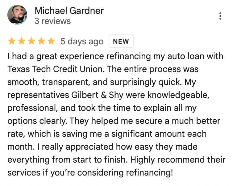 5-star review from Michael Gardner about auto loan refinancing